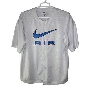 Nike Air Baseball Jersey Mens Medium White Blue Logo‎ Short Sleeve Button Up EUC